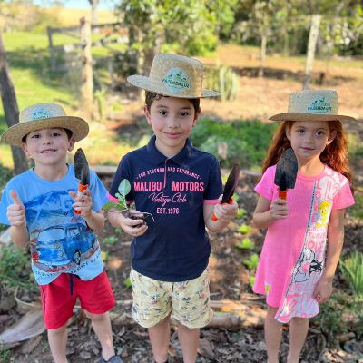 Crianças com kit fazendeiro na horta da fazenda luz300